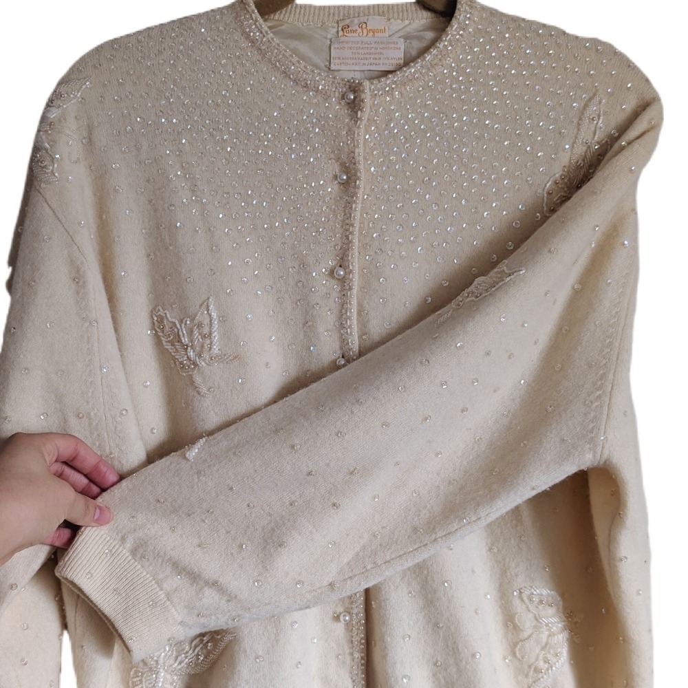 Japanese Vintage 60s Sequins Embellished Botanical Butterfly Lambswool Cardigan